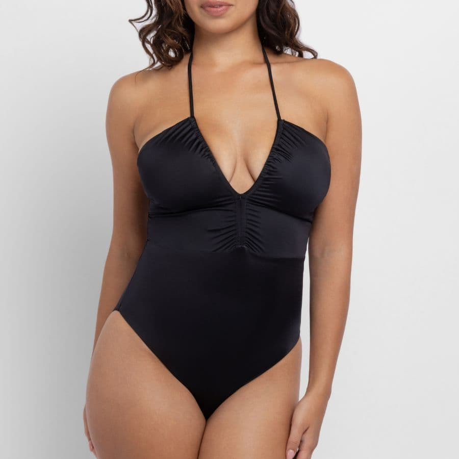 Katam Black Swimsuit with V-Neck and Halter Tie, dorina.