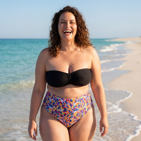 Copa Bikini Bandeau Negra + Braga Alta Moldeadora Estampada, Singular Swim.