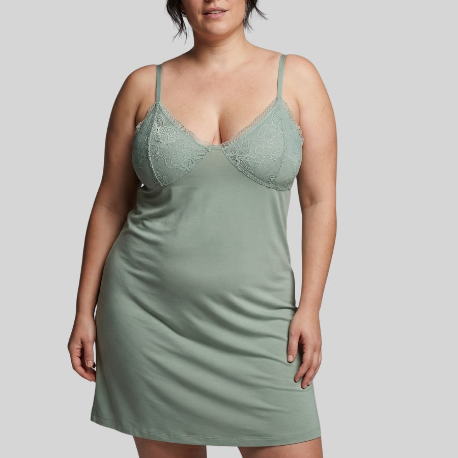 Cotton Nightdress with Thin Straps and Lace,...